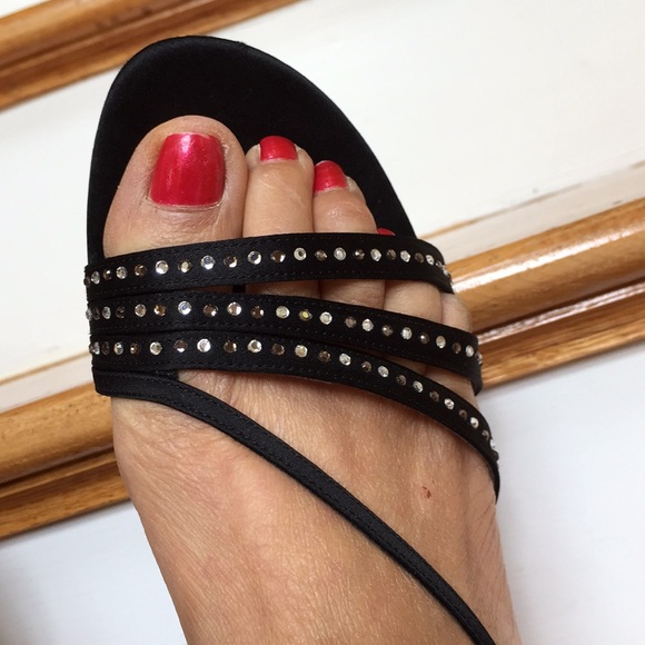 Nina black satin heeled sandals w/Crystal straps - Picture 2 of 8